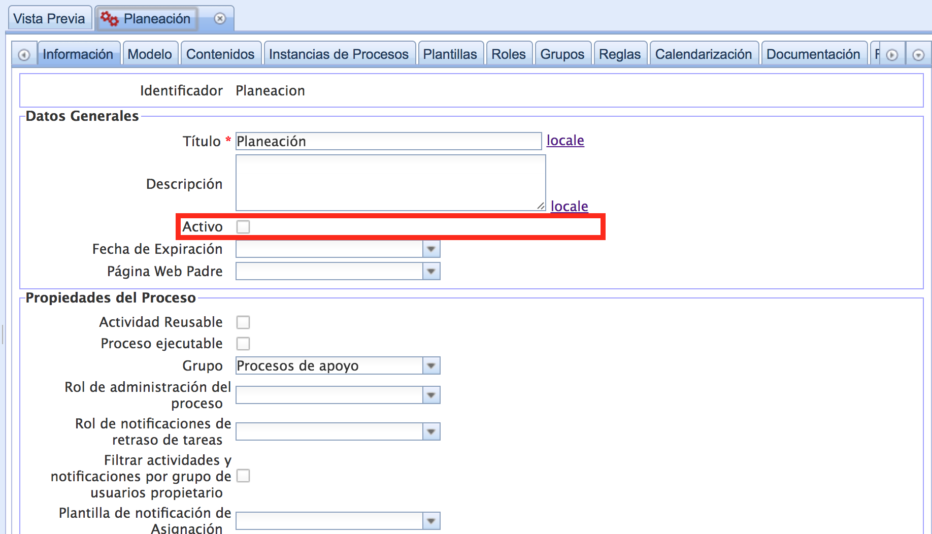 Casilla de activación del proceso