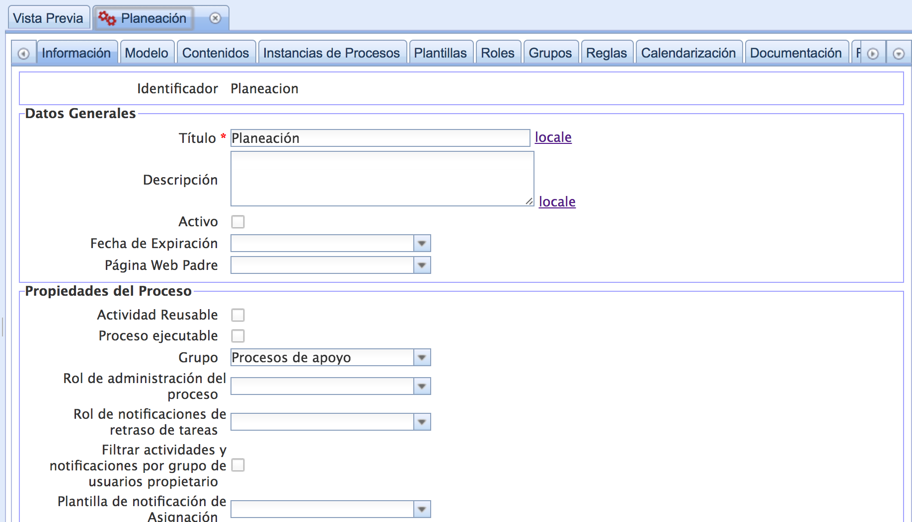 Pestañas de configuración del proceso