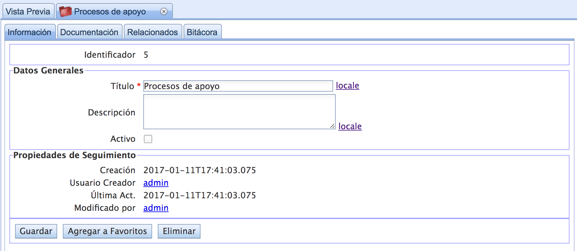 Pestañas de configuración del grupo de procesos