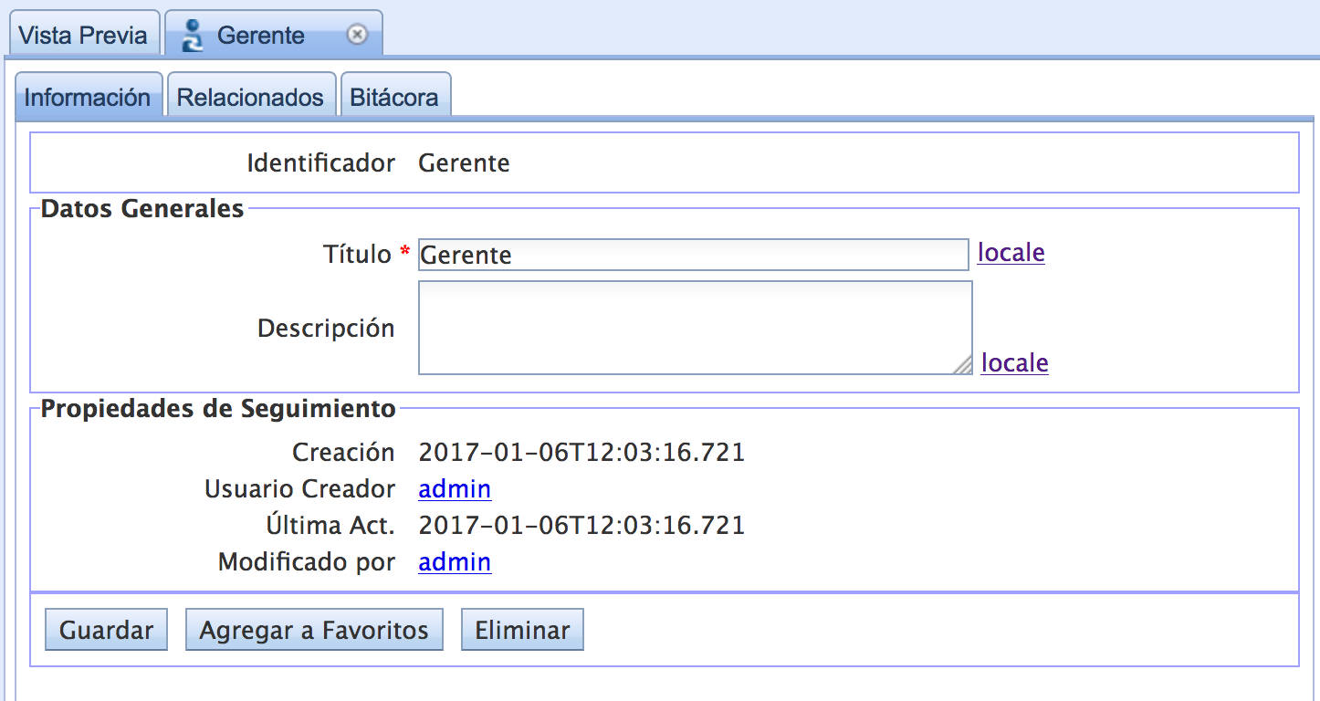 Pestañas de configuración del rol