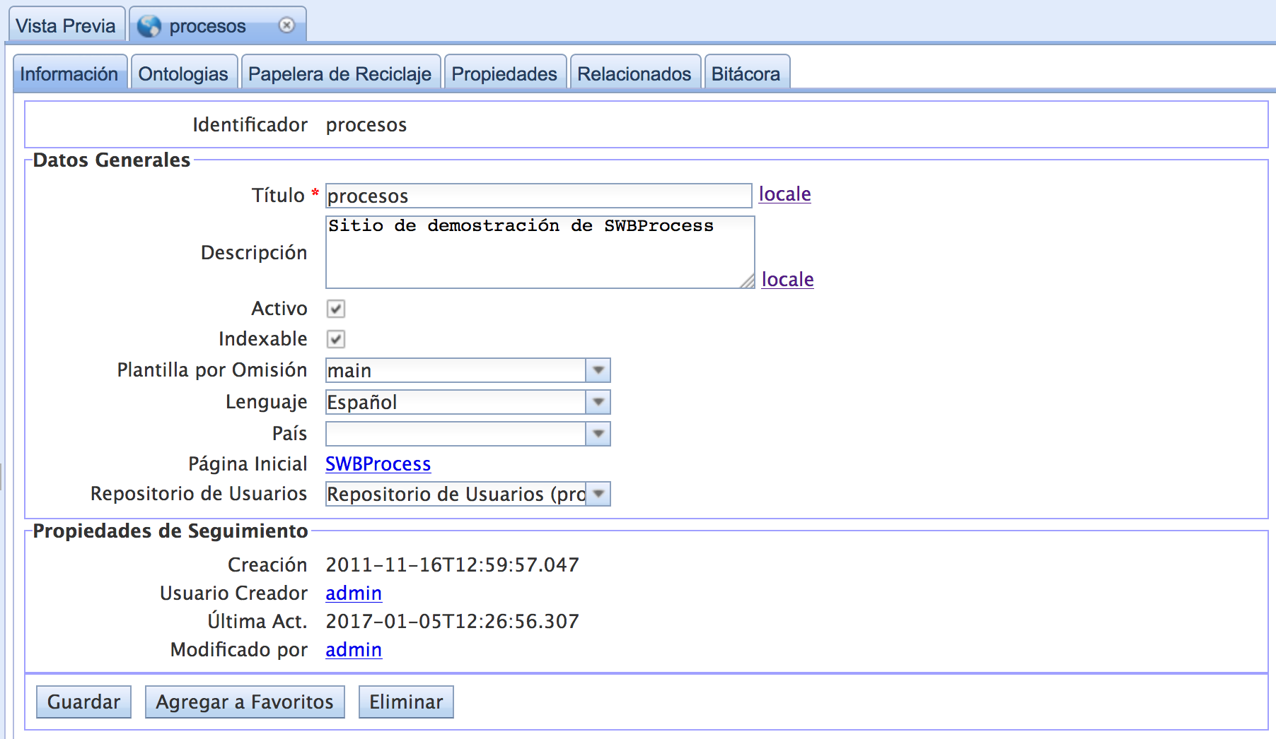 Pestañas de configuración del sitio