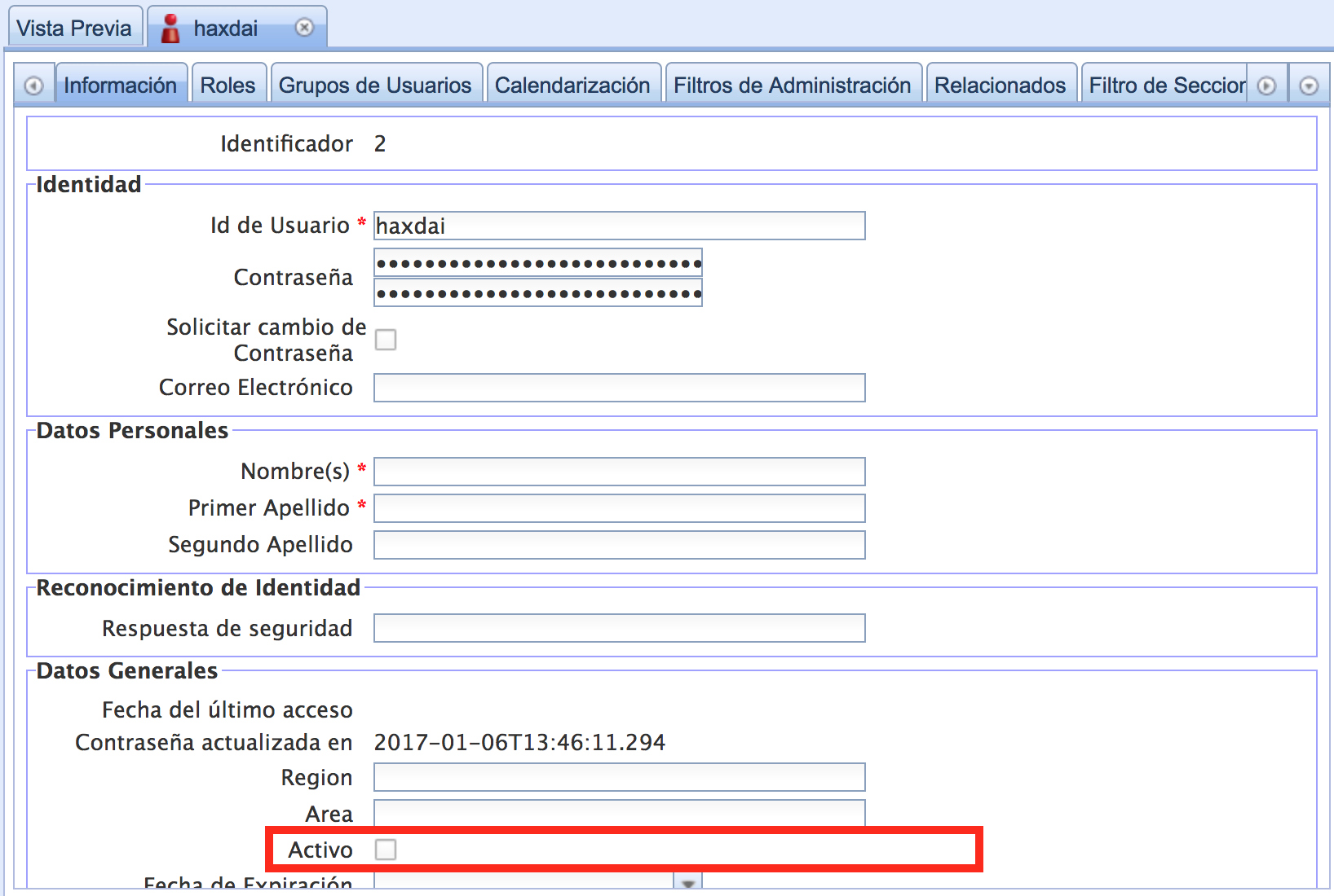 Pestañas de configuración del usuario