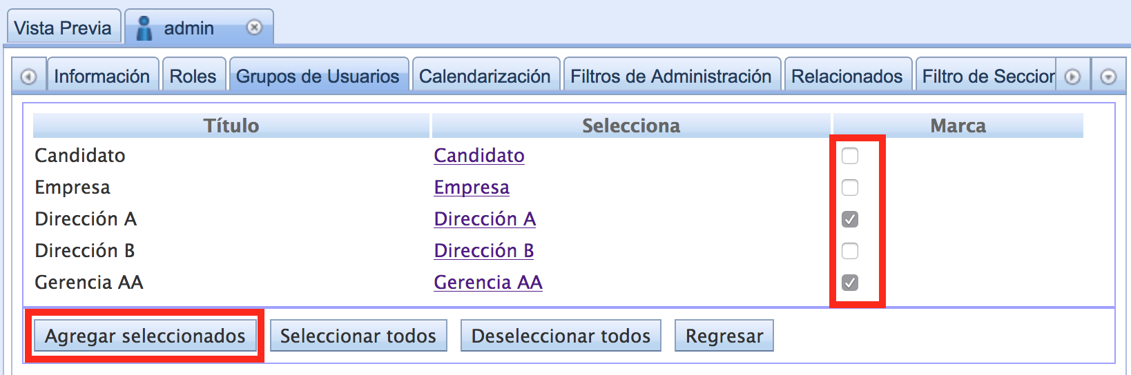 Selección múltiple de grupos