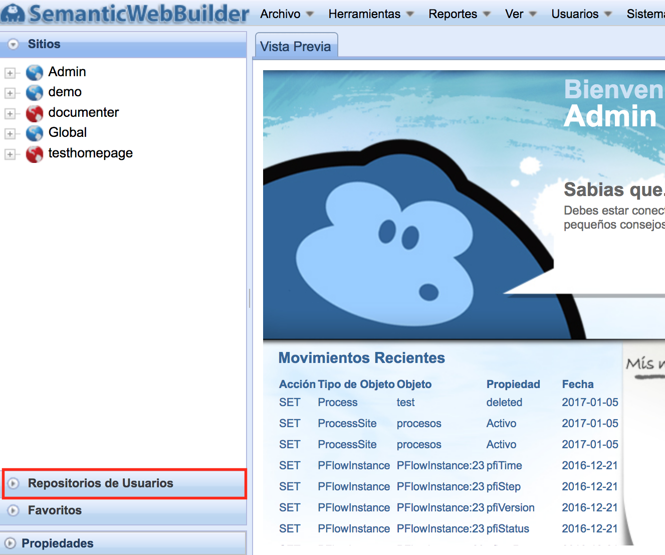 Acordeón de repositorios de usuarios