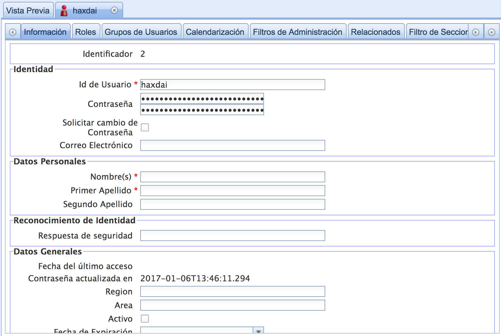 Pestañas de configuración del usuario